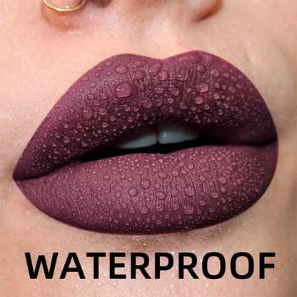 Blushimmer matte velvet lip gloss with 19 color options, featuring waterproof liquid lipstick, nude, red, and black lip tint.