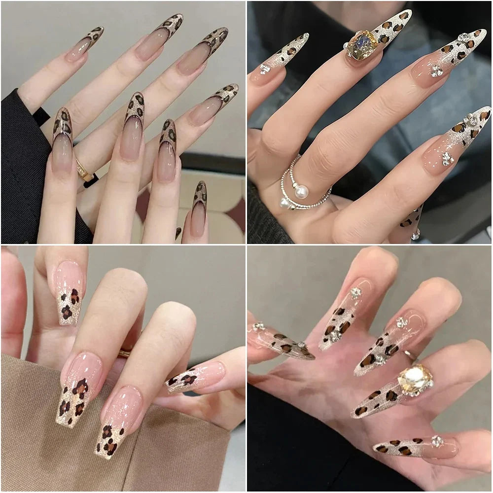 Pink and black 5D leopard print nail art stickers by Blushimmer, 8x10cm, featuring adhesive leopard decals for DIY manicure designs.