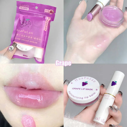 Blushimmer grape lip care sleep mask set with nourishing pink lip balm and moisturizing lip gloss for night repair and anti-cracking.
