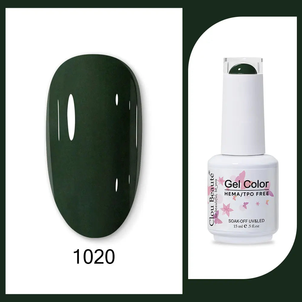 Blushimmer Clou Beaute 15ml gel nail polish in red, black, white, green, and neon colors with velvet top coat and semi-permanent finish