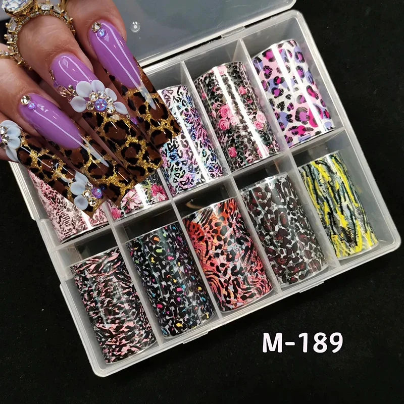 Neon jelly animal nail foils with leopard print design for transfer paper and DIY water slide nail art decorations.