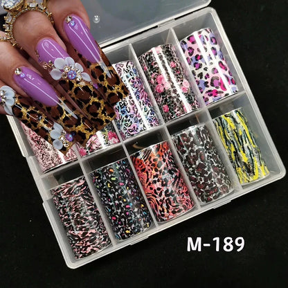 Neon jelly animal nail foils with leopard print design for transfer paper and DIY water slide nail art decorations.