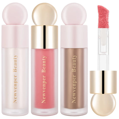 Blushimmer liquid highlighter, blush, and contour stick set for face and body with pink shadow and natural glow finish.