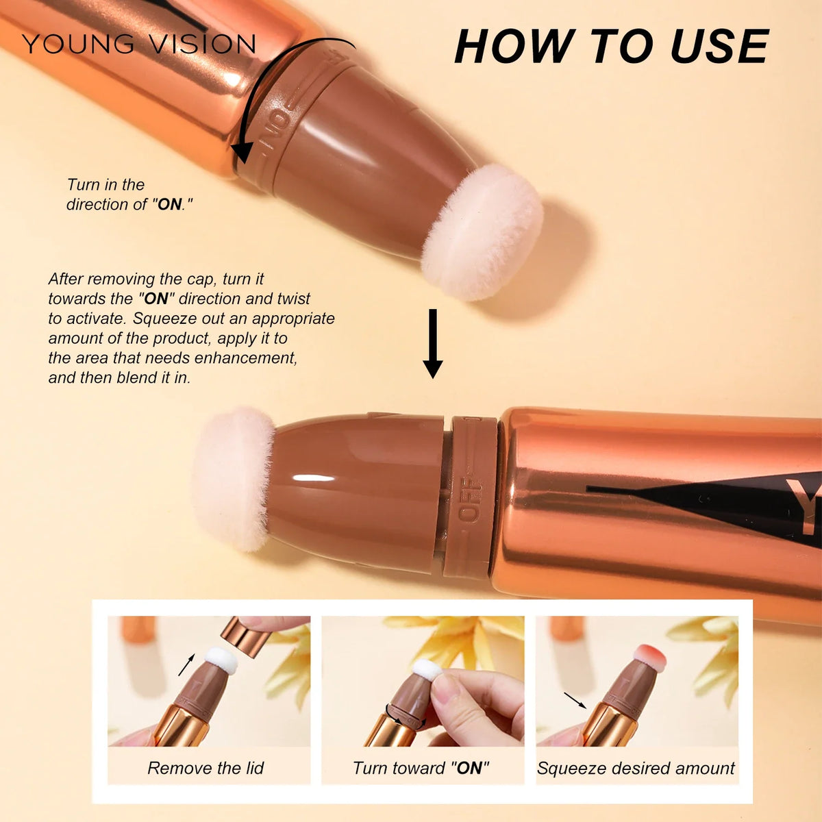 Blushimmer Young Vision air cushion powder blusher in high gloss stick, available in six shades with makeup liquid rouge.