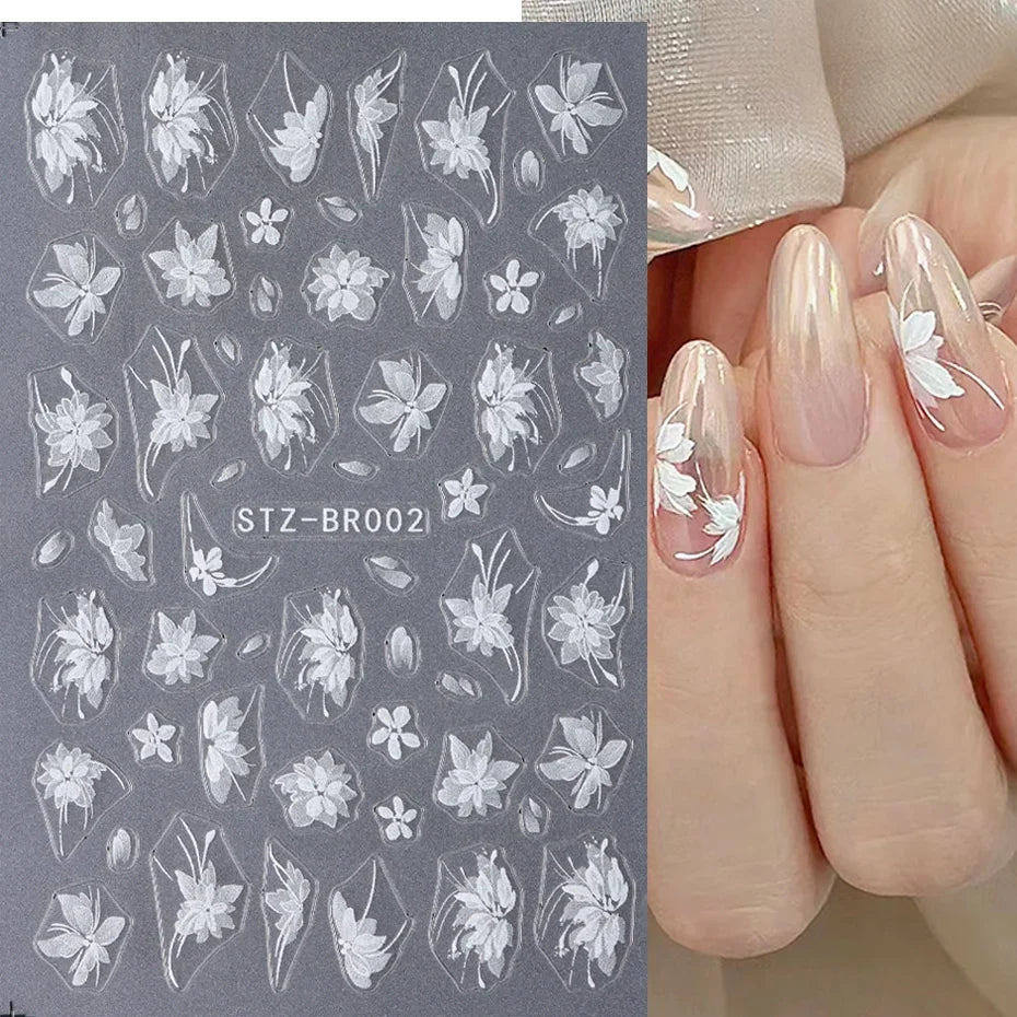 Blushimmer 3D white flower nail art stickers with cute floral adhesive decals for DIY acrylic nail decoration and charms