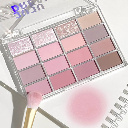 Blushimmer 16-color eyeshadow palette with pearlescent and matte earth tones for natural, everyday makeup looks.