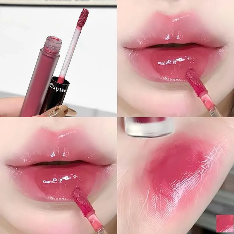 Blushimmer Berry Red translucent lip gloss with a hydrating, water-light texture and clear jelly finish on nude brown lips.