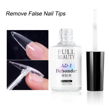 Blushimmer 15ml nail glue remover liquid for false nail tips, gel, and rhinestones, used for quick, safe nail debonding and removal.