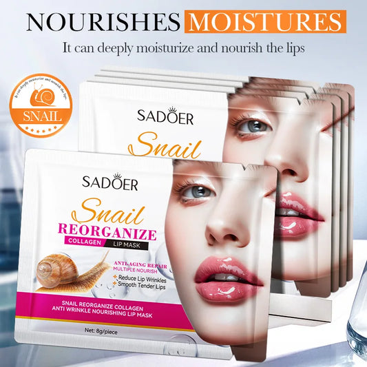Set of 10 Blushimmer SADOER Snail Crystal Collagen Lip Masks for nourishing, anti-wrinkle, and moisturizing lip care.