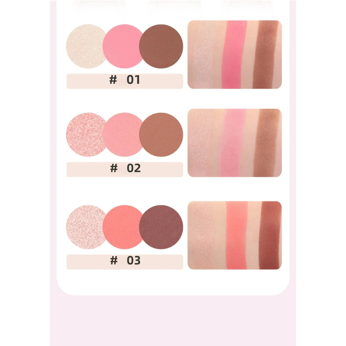 Blushimmer 3-in-1 matte highlighter, contour, and blush palette with pearly shiny face powders for professional makeup application.