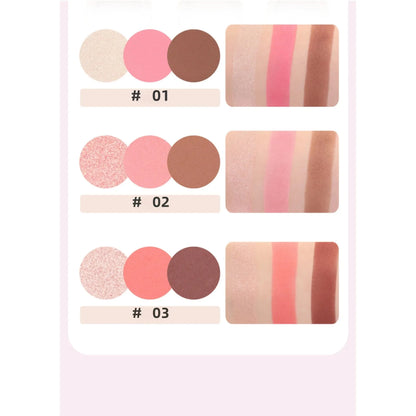 Blushimmer 3-in-1 matte highlighter, contour, and blush palette with pearly shiny face powders for professional makeup application.