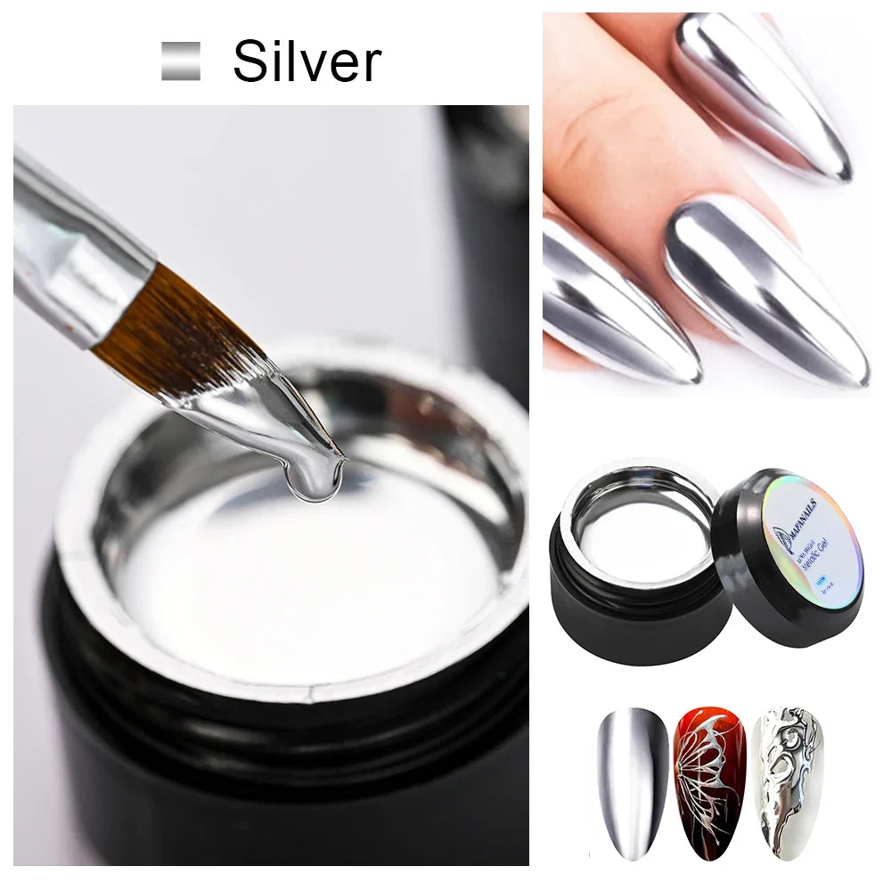Blushimmer metallic gel nail polish in gold mirror effect with French design and flower drawing, 5/7/8/10ml UV soak-off gel.
