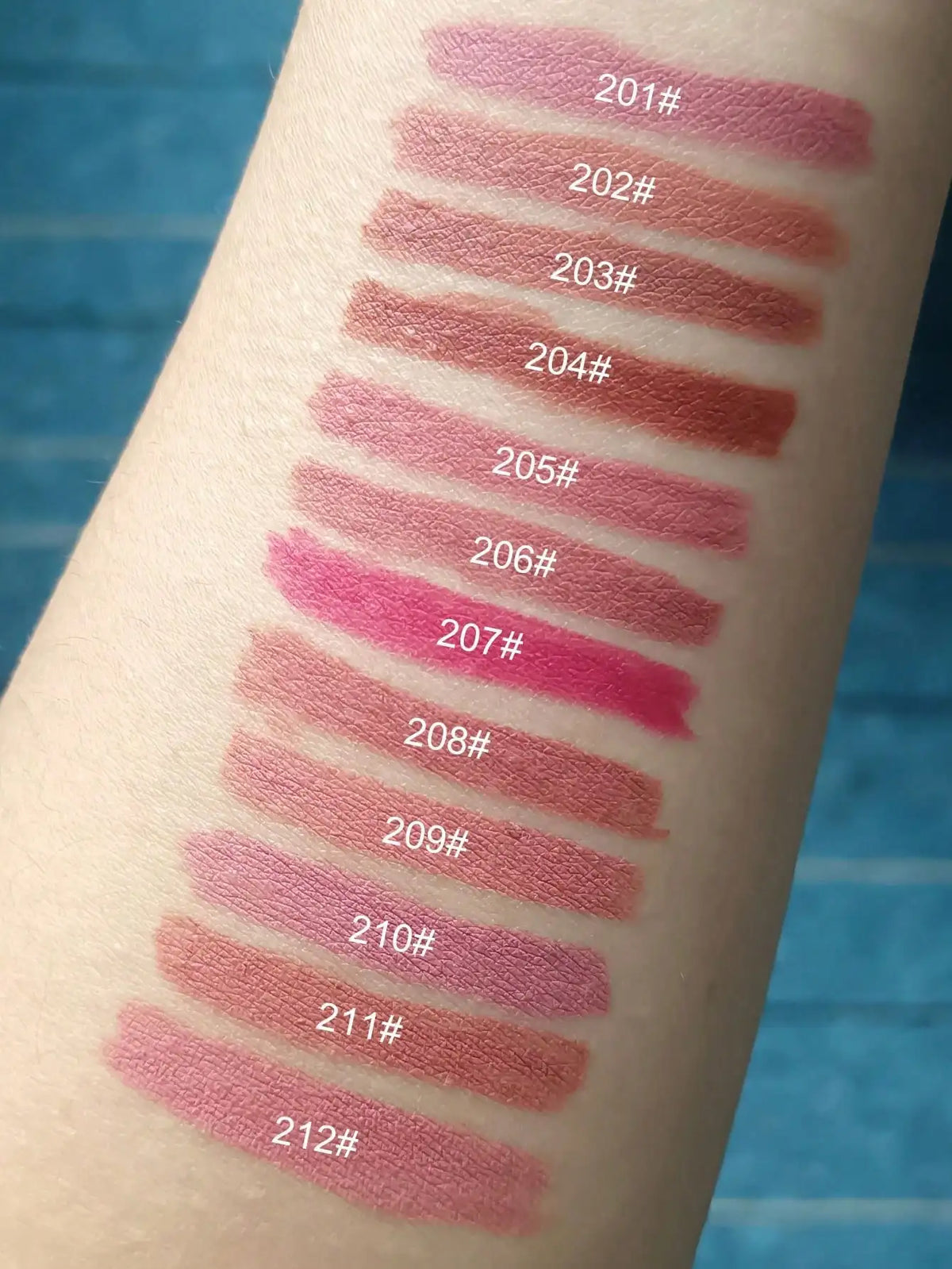 Set of 12 Blushimmer lip liner pencils in various colors, featuring matte finish, non-stick, and nude shades for professional lip makeup.
