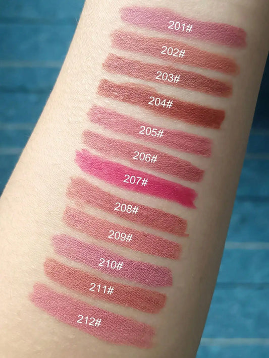 Set of 12 Blushimmer lip liner pencils in various colors, featuring matte finish, non-stick, and nude shades for professional lip makeup.