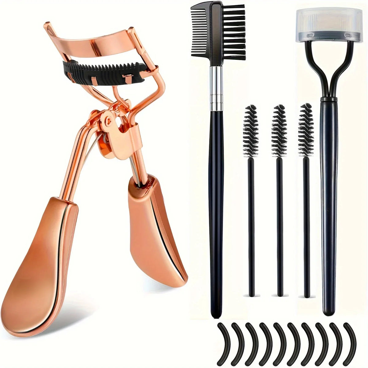 Blushimmer eyelash curler set with replacement pads, curling tweezers, clips, mascara wands, and makeup brushes for women.