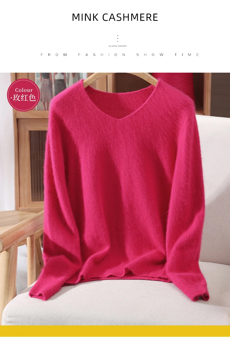 Autumn And Winter New High-End Female Mink Cashmere Sweater Solid Color Long-Sleeved Wool Knit Bottoming Sweater Loose Top