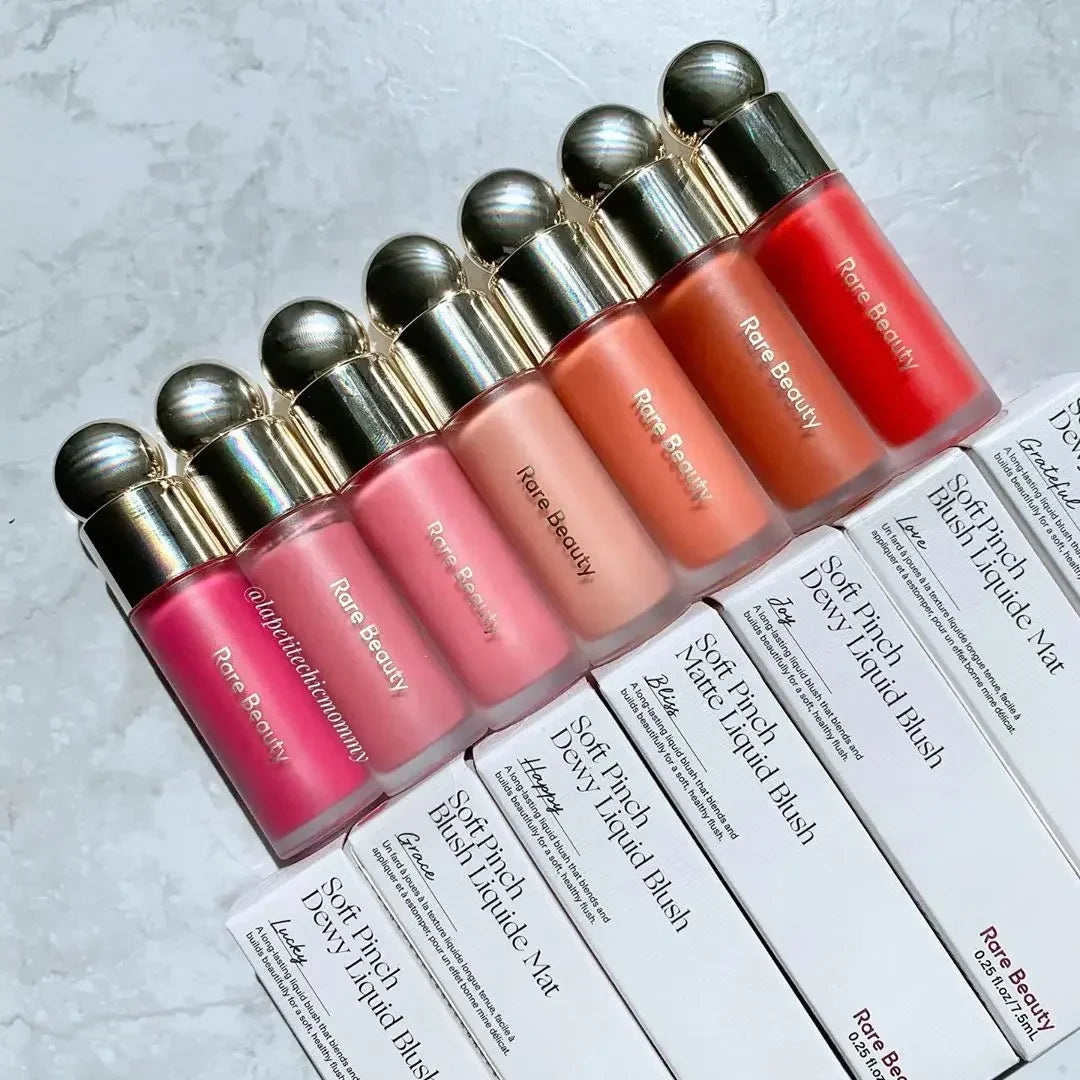 Blushimmer Rare Beauty Melting Cream Blush with matte pearlescent finish and glitter accents, featuring nourishing lip gloss.