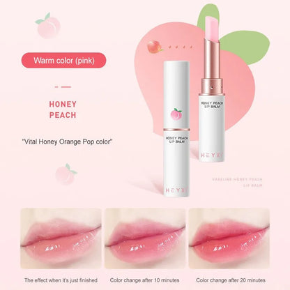 Blushimmer Honey Peach Lip Balm showing natural peach-colored, moisturizing, nourishing lips with a subtle glossy finish.