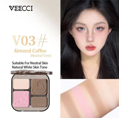 VEECCI 4-color contour palette with matte and shimmer nude tones, including bronzer, highlighter, and brightening powders for face makeup