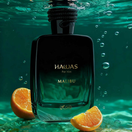 Blushimmer HAWAS MALIBU men's citrus perfume bottle, 3.4FL OZ, stylish design for fashionable men.