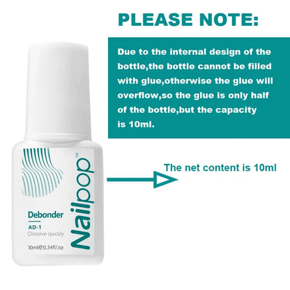 Blushimmer Nailpop 2pcs false nail remover debonder with 10ml fast-dissolve liquid for rhinestone and nail art removal.