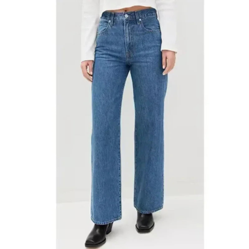 Lady Classic Daily High Waist Jeans Female Korean Solid Thin Pants Women Fashion Baggy Straight Leg Denim Trousers