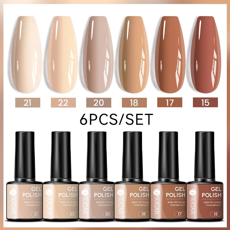 Blushimmer UR SUGAR 7ml gel nail polish set with nude pink, red, and glitter shades, ideal for semi-permanent manicure and UV gel nails.