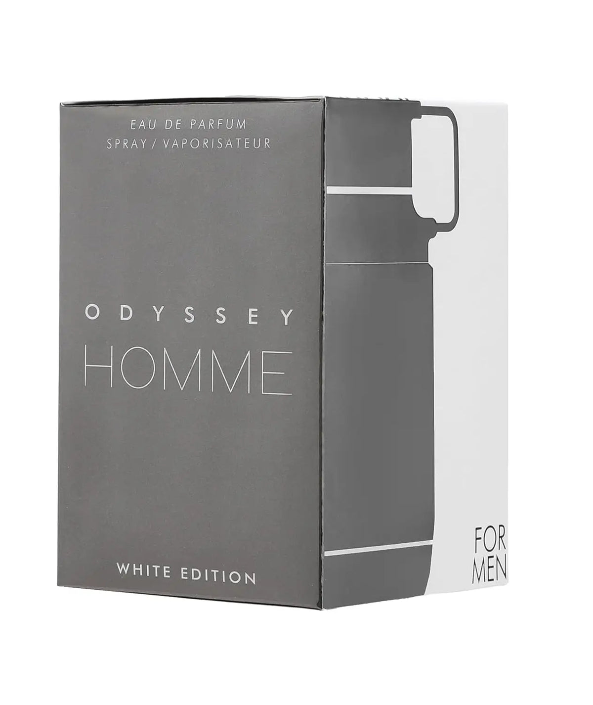 Armaf Odyssey Homme White Edition men's Eau De Toilette spray in 3.4 oz bottle, featuring sleek white packaging and modern design.