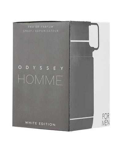 Armaf Odyssey Homme White Edition men's Eau De Toilette spray in 3.4 oz bottle, featuring sleek white packaging and modern design.