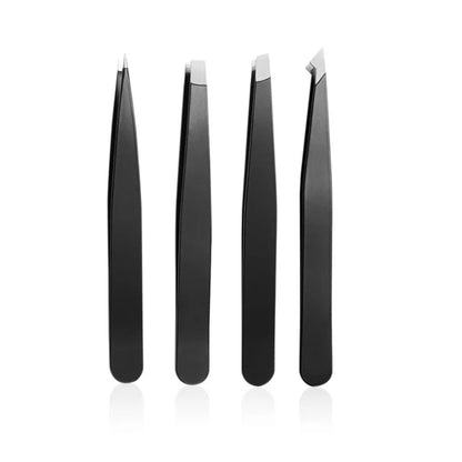 Set of four stainless steel Blushimmer professional tweezers with angled tips for eyebrow shaping, beard plucking, and hair removal.