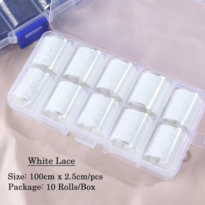 White and black lace nail art foils set by Blushimmer, featuring 10 rolls of transfer sticker paper for DIY manicure decoration.