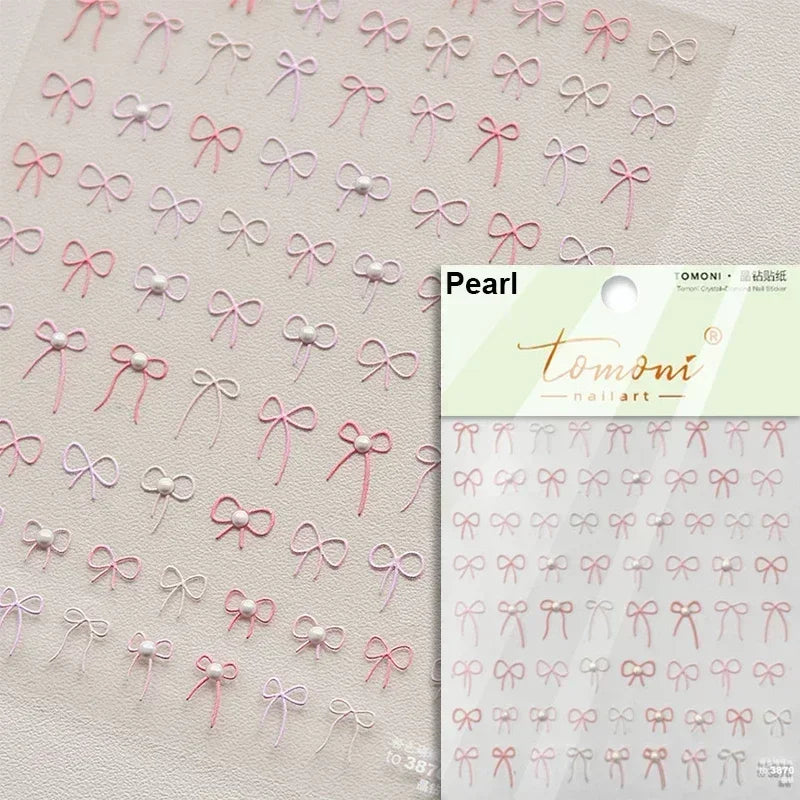 White and black nail art stickers featuring French leopard print, rhinestones, pearls, and bowknot lace ribbon for manicure decoration.