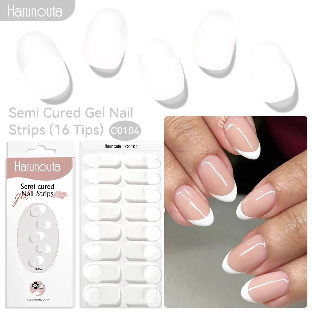 Blushimmer Harunouta 16-strip gradient red marble gel nail strips with gold line for DIY gel nail art, compatible with UV and LED lamps.