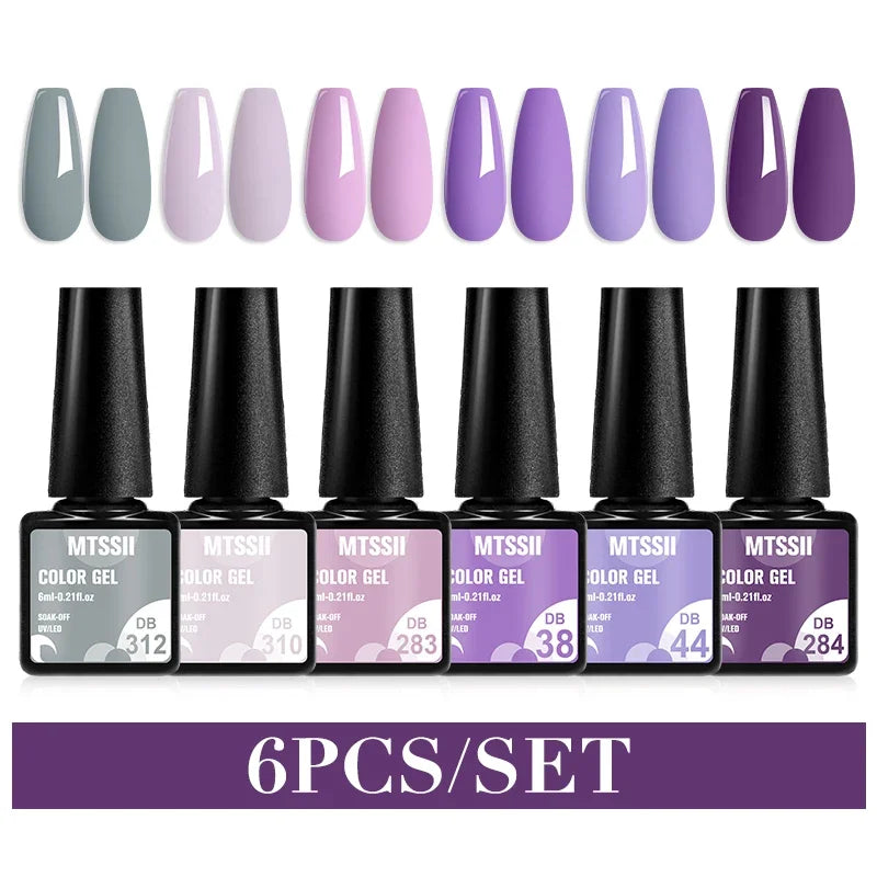 Blushimmer MTSSII 6-piece set of sparkly red gel nail polish bottles with shiny finish for manicures and nail art.