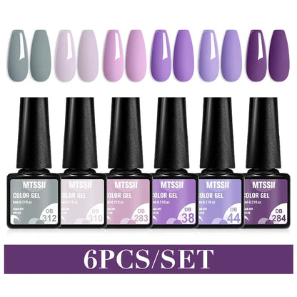Blushimmer MTSSII 6-piece set of sparkly red gel nail polish bottles with shiny finish for manicures and nail art.