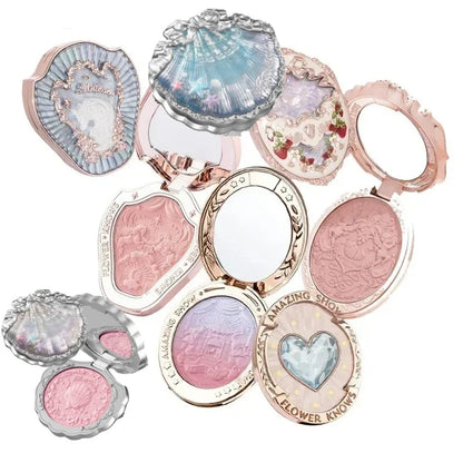 Blushimmer Flower Knows Strawberry Rococo series embossed blush powder in soft pink, smooth long-lasting face makeup, close-up image.