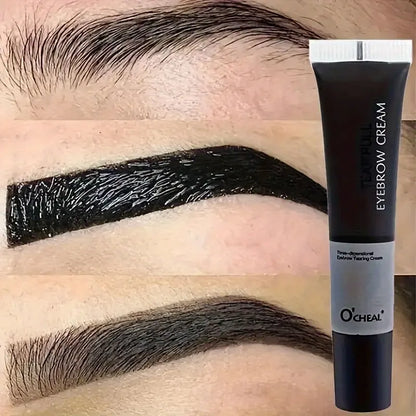 Long-lasting waterproof eyebrow gel cream by Blushimmer with semi-permanent tint, shown in a sleek jar.
