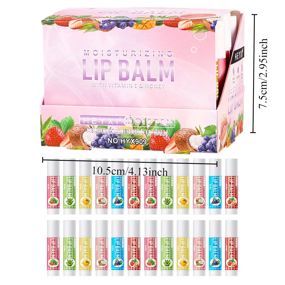 Set of 24 fruit-flavored Blushimmer lip balms with natural moisturizing formula, showing colorful tubes on a white background.