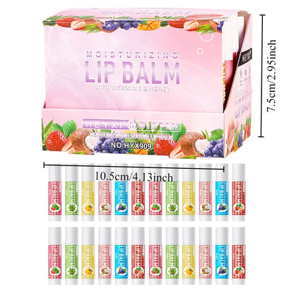 Set of 24 fruit-flavored Blushimmer lip balms with natural moisturizing formula, showing colorful tubes on a white background.