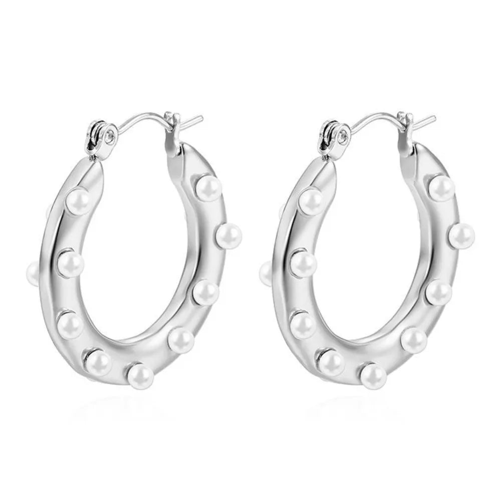 Charm Retro Geometry Round Inlay Pearls Stainless Steel Gold Color Hoop Earrings for Women Does Not Fade Jewelry Accessory Gift