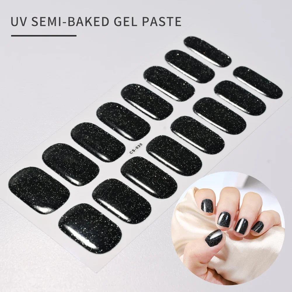 Blushimmer 16Tips glitter semi-cured gel UV sticker with 3D French gradient shine and full cover glitter decal for nails.
