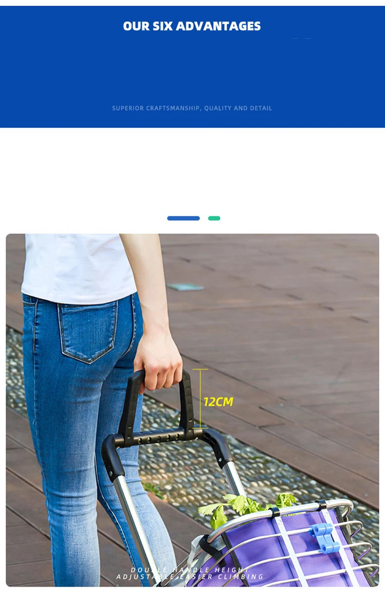 Grocery Cart Portable Aluminum Alloy Shopping Folding Trolley Big Capacity Lightweight Step Climbing Folded Trolley