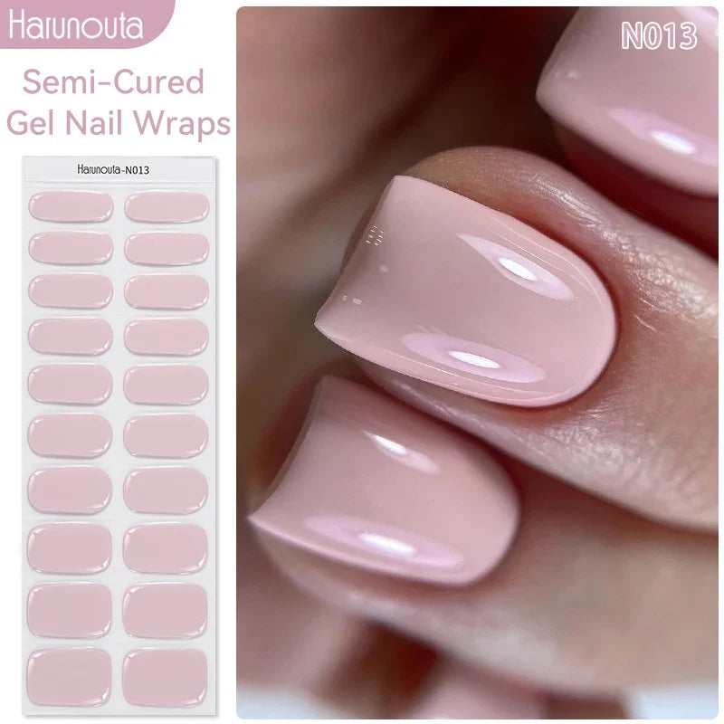 Blushimmer gradient French semi-cured gel nail stickers with full cover design, suitable for UV lamp curing and press-on manicure application.
