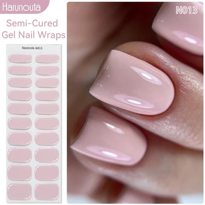Blushimmer gradient French semi-cured gel nail stickers with full cover design, suitable for UV lamp curing and press-on manicure application.