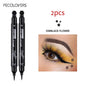 Black waterproof 2-in-1 star and moon stamp liquid eyeliner by Blushimmer, shown with stamped star and moon designs on skin.