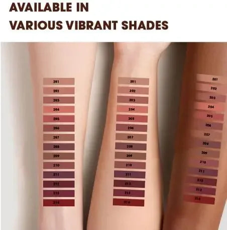 Six-blush shimmer Rozza velvet matte lip liners in brown, pink, and purple shades, with long-lasting waterproof finish.