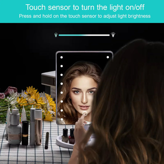 Square vanity lighted makeup mirror with stand, LED touch screen, desktop beauty mirror by Blushimmer, handheld compact for makeup application