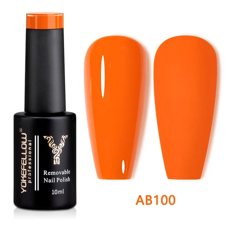 Blushimmer YOKEFELLOW 10ml nude pink gel nail polish in a clear bottle with a brush, highlighting translucent pink UV gel varnish.