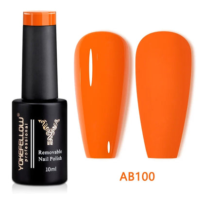 Blushimmer YOKEFELLOW 10ml nude pink gel nail polish in a clear bottle with a brush, highlighting translucent pink UV gel varnish.