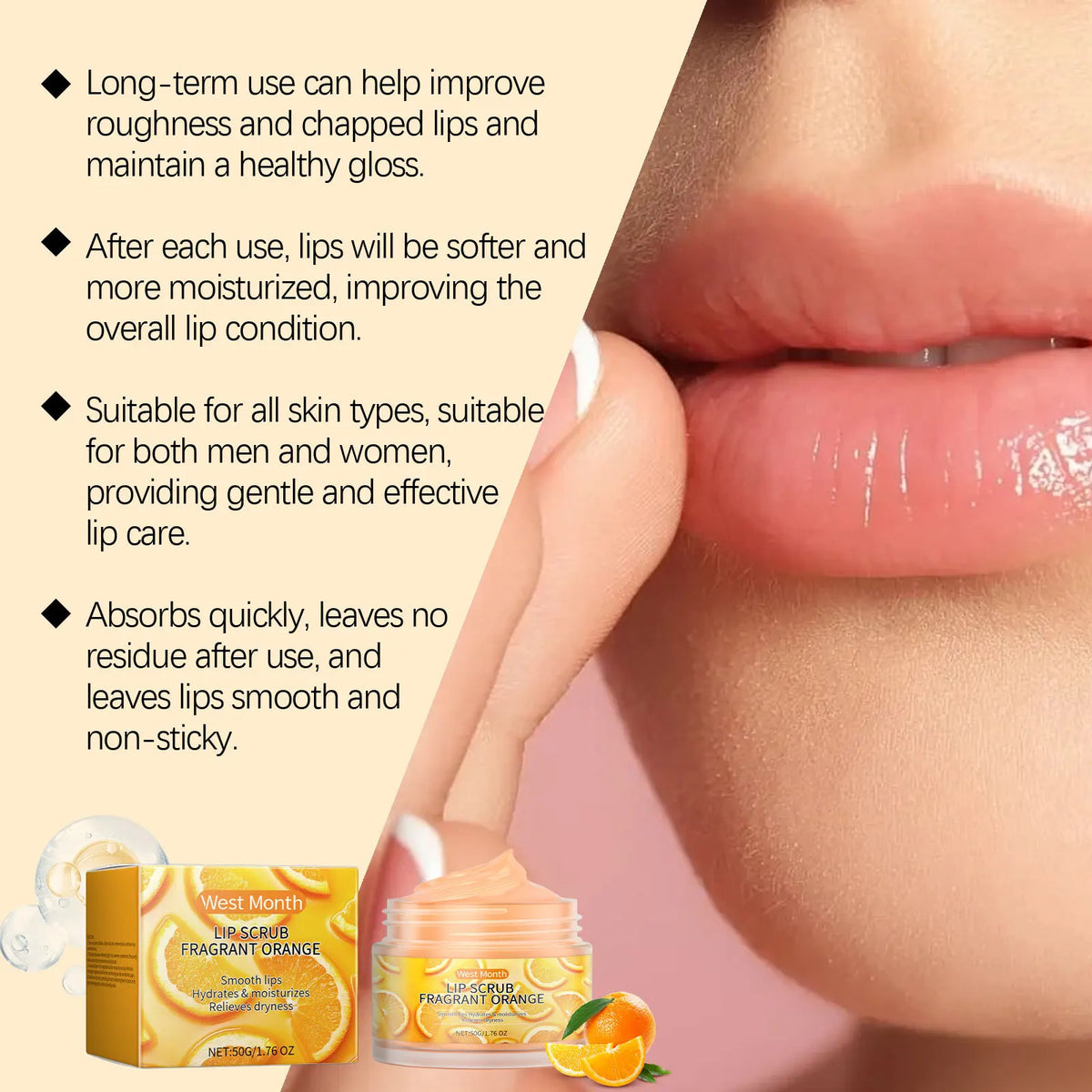 Blushimmer orange lip scrub with exfoliating beads, showing smooth, hydrated lips with a bright, soft appearance.